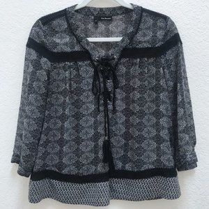 The Kooples Peasant Style Blouse Black White Print